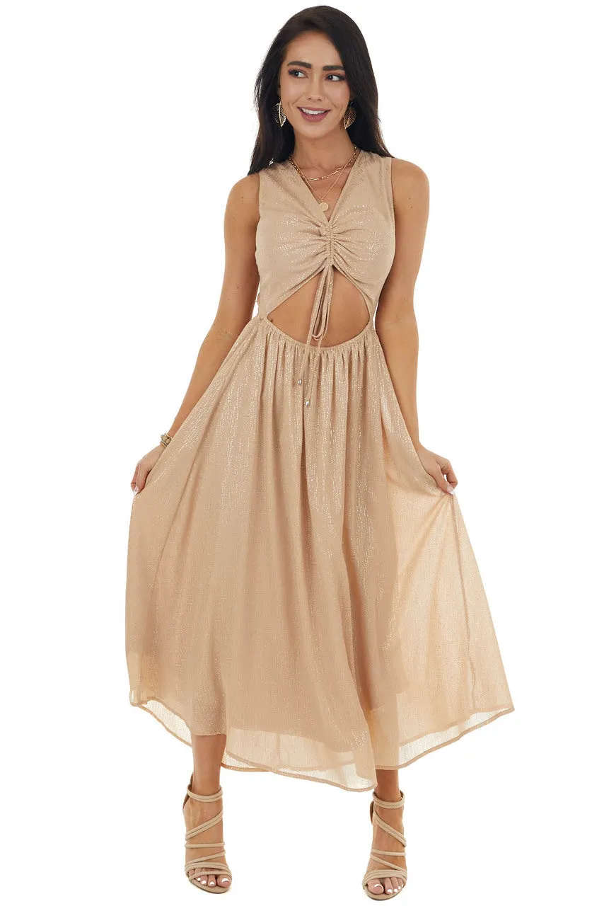 Champagne Glitter Sleeveless Midi Woven Dress with Cut Out sold by Lime Lush product image thumbnail 2