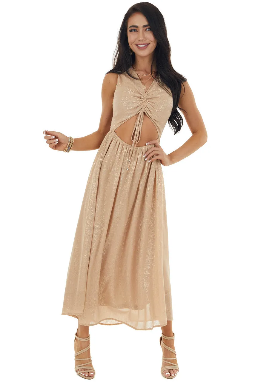 Champagne Glitter Sleeveless Midi Woven Dress with Cut Out sold by Lime Lush product image thumbnail 3