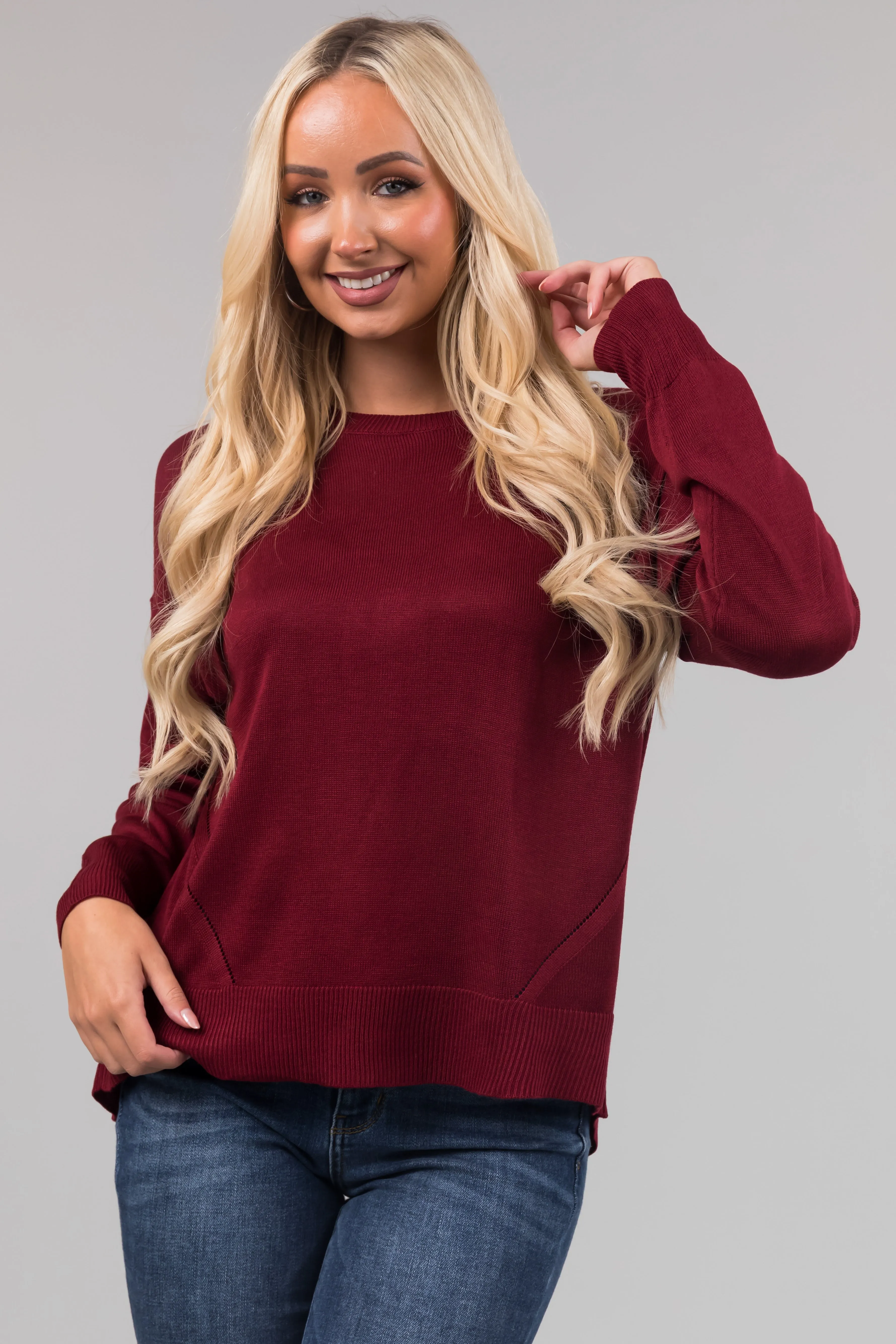 Maroon Back Button Detail Long Sleeve Top sold by Lime Lush