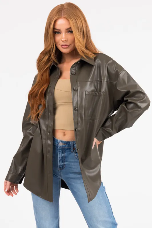 Army Green Faux Leather Button Down Shacket sold by Lime Lush
