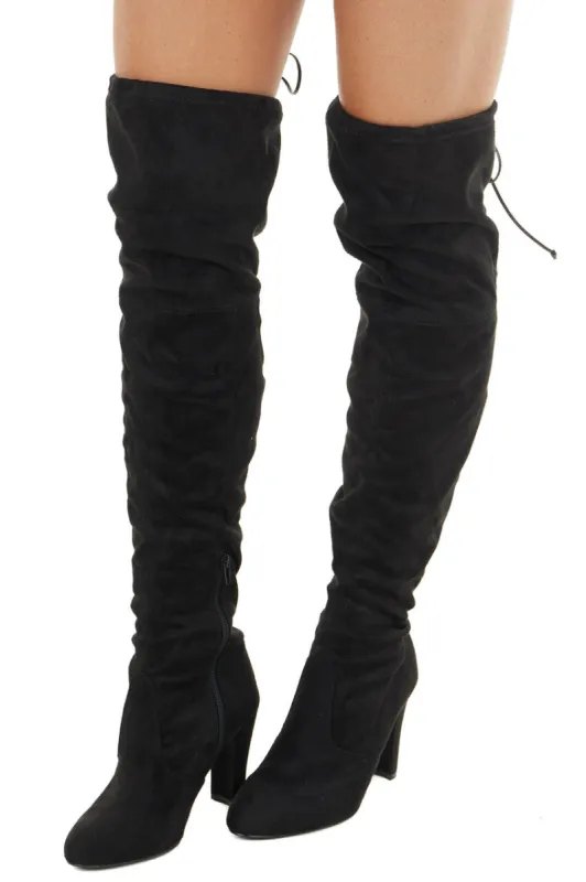 Black Faux Suede Above the Knee High Heel Boots with Tie sold by Lime Lush