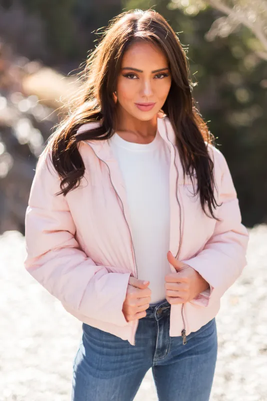 Blush Zip Up Quilted Puffer Jacket with Sheen sold by Lime Lush