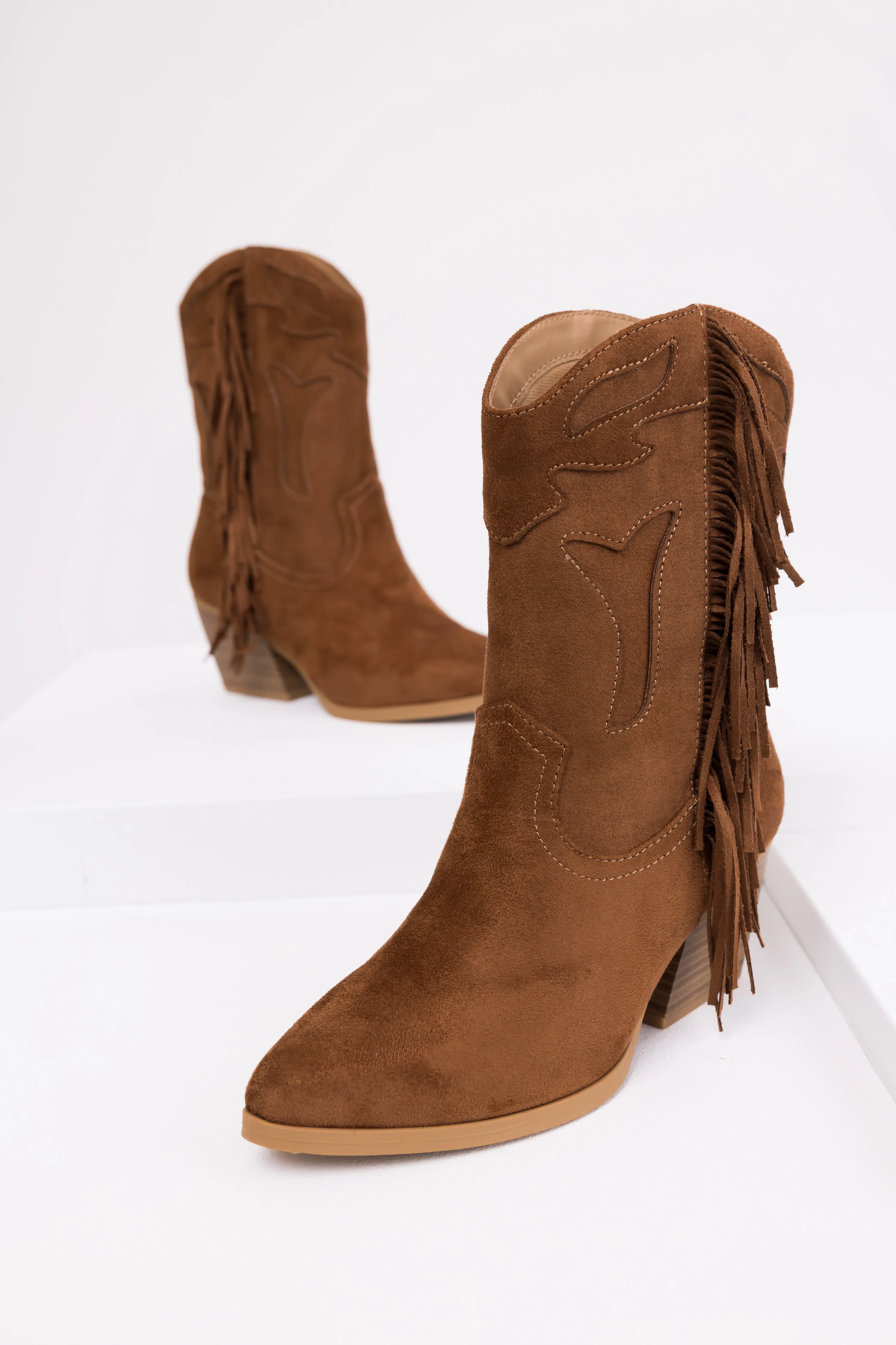 Spice Suede Fringe Embroidered Heeled Boots sold by Lime Lush