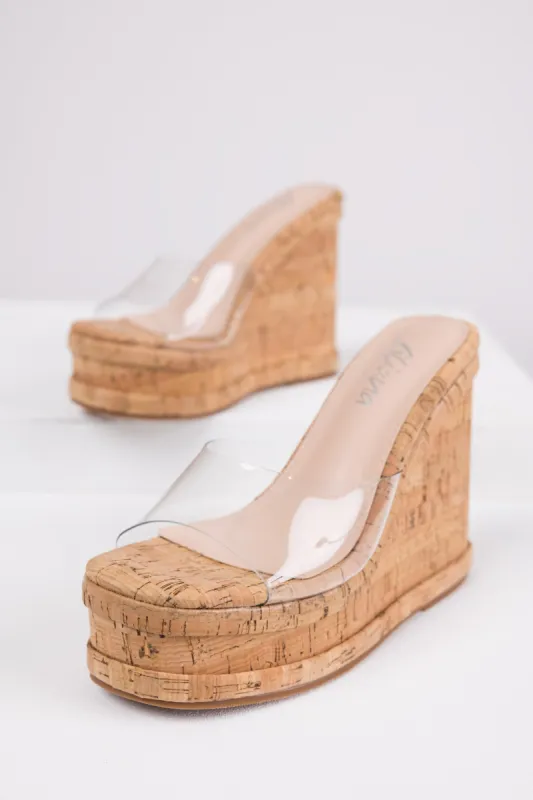 Clear Band Cork Platform Slip On Wedges sold by Lime Lush