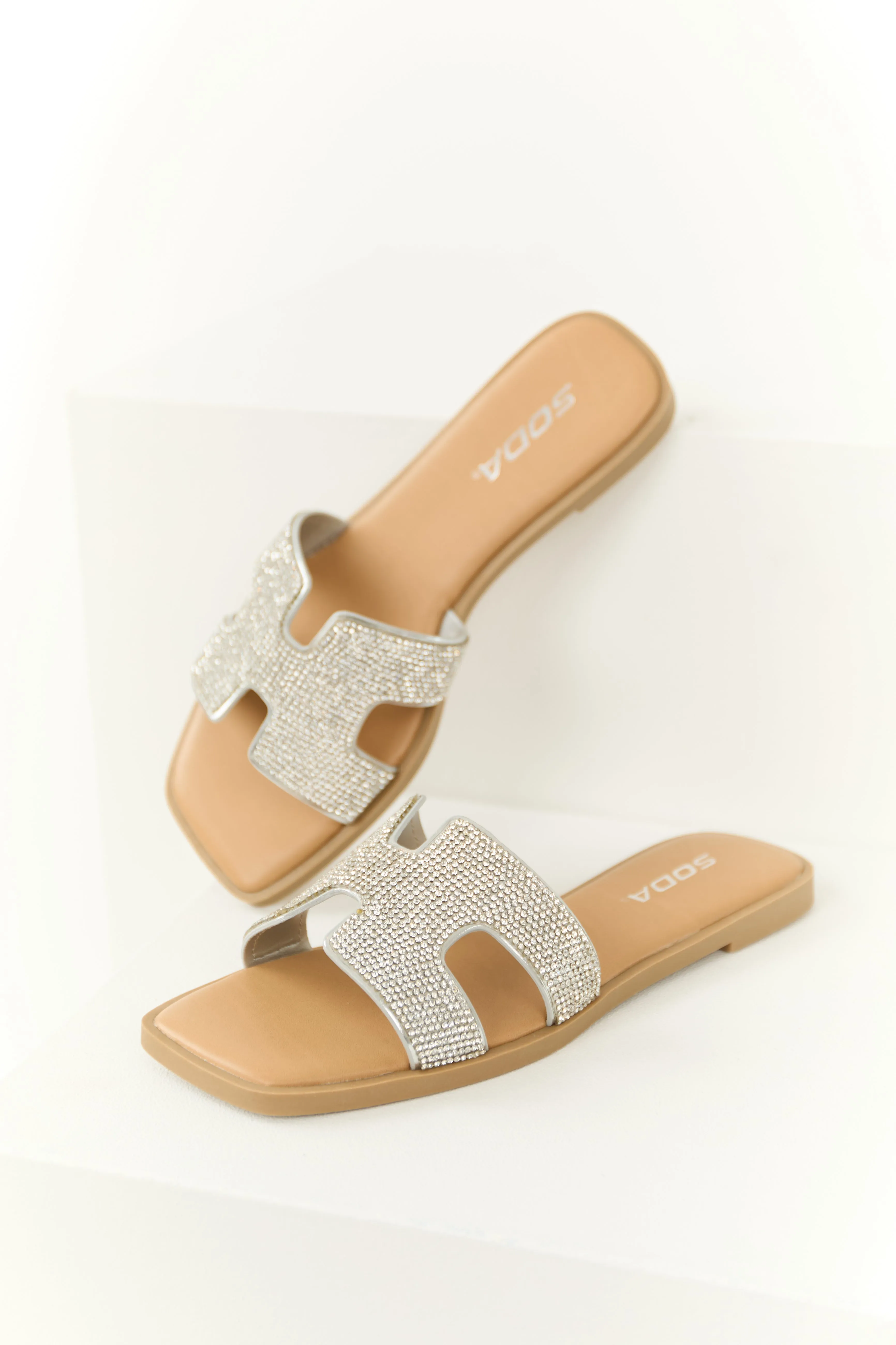 Silver Rhinestone Open Toed Slip On Sandals sold by Lime Lush