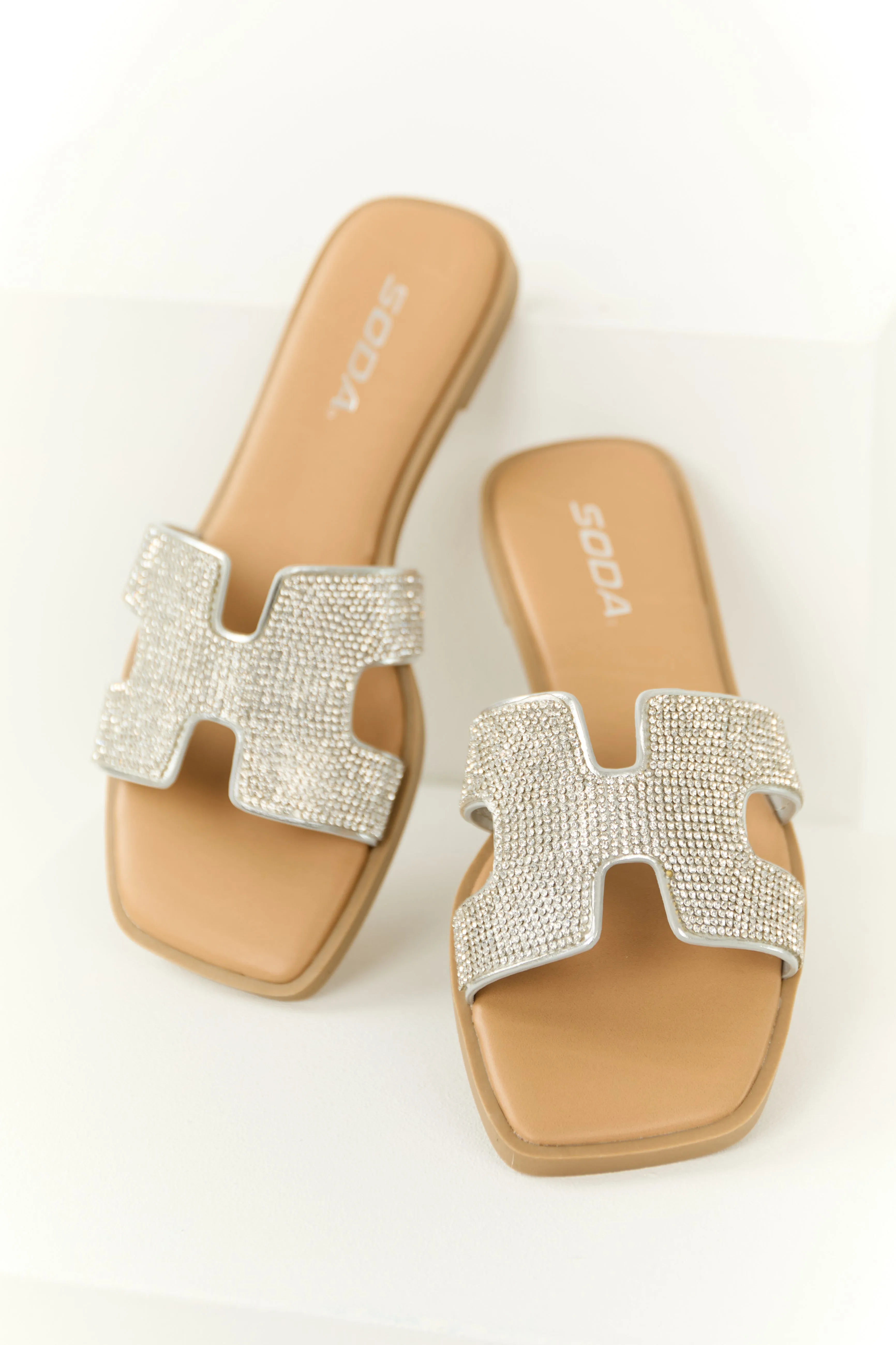 Silver Rhinestone Open Toed Slip On Sandals sold by Lime Lush product image thumbnail 2