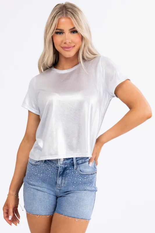 She+Sky Silver Metallic Knit Short Sleeve Top sold by Lime Lush