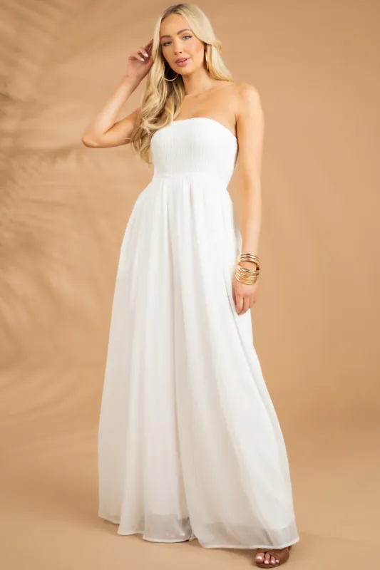 Off White Strapless Smocked Wide Leg Jumpsuit sold by Lime Lush