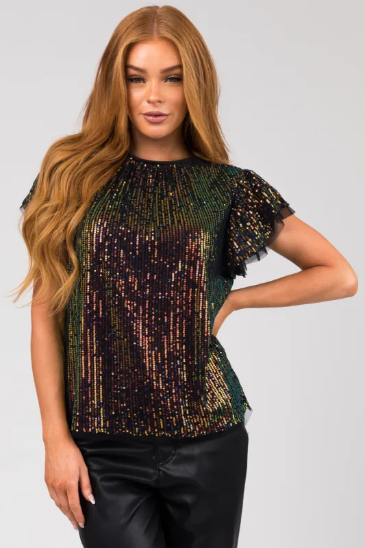 Flying Tomato Black Flutter Sleeve Sequin Top sold by Lime Lush