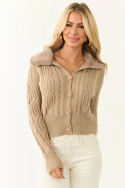 Latte Faux Fur Collar Cable Knit Cardigan sold by Lime Lush