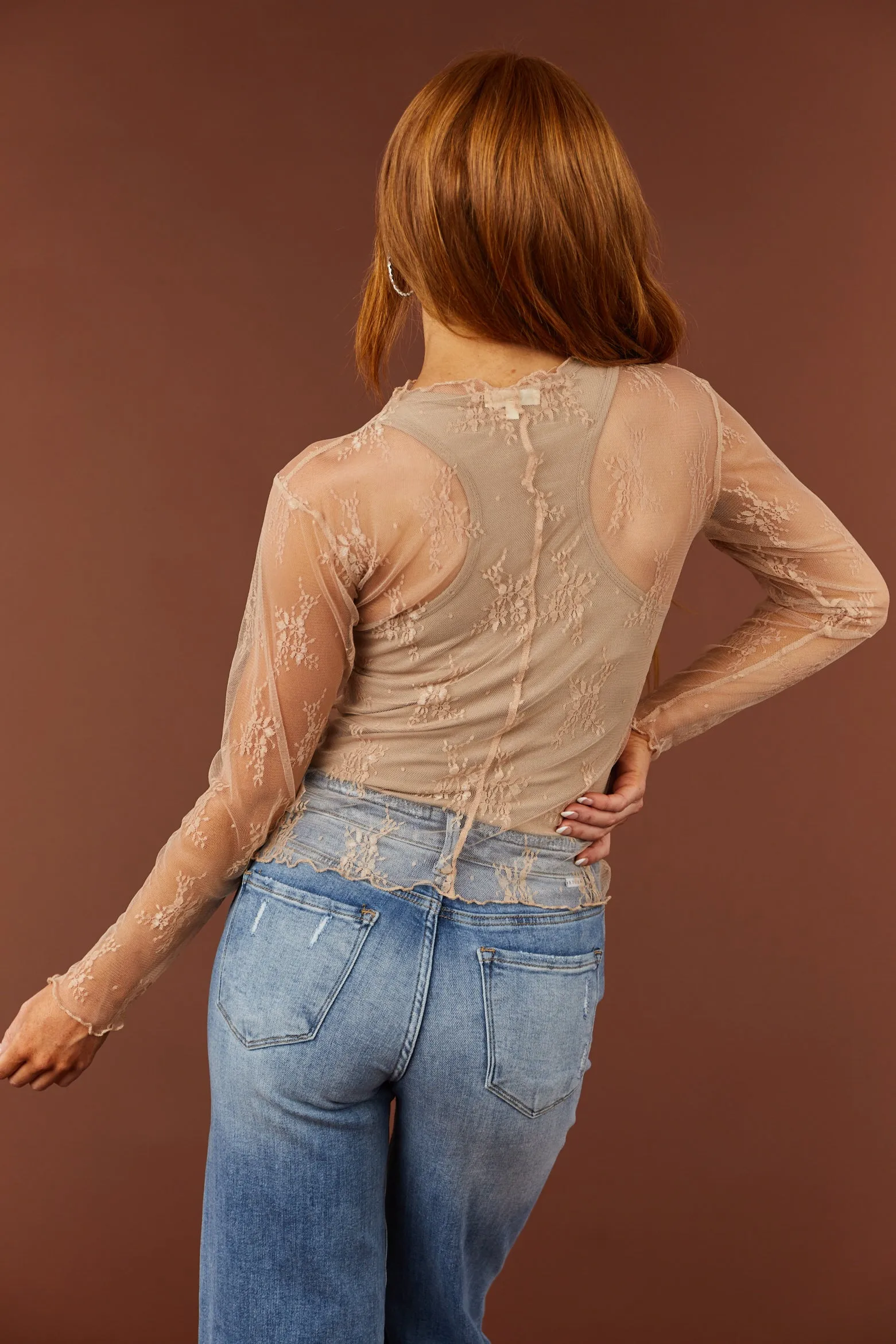 Nude Floral Sheer Lace Mesh Long Sleeve Top sold by Lime Lush product image thumbnail 5