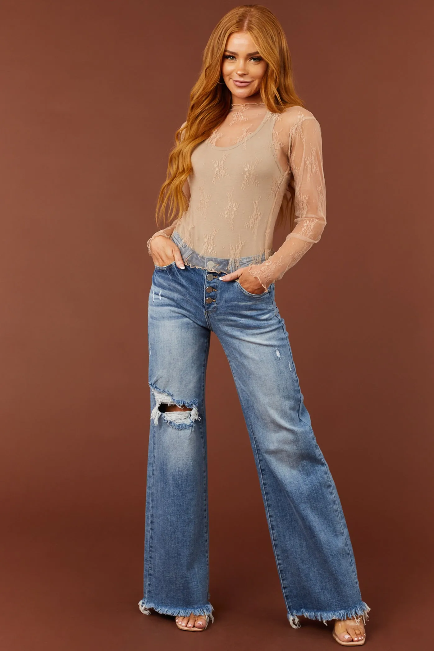 Nude Floral Sheer Lace Mesh Long Sleeve Top sold by Lime Lush product image thumbnail 3