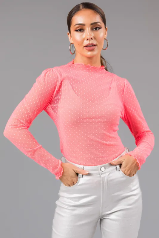 Neon Pink Swiss Dot Long Sleeve Mesh Knit Top sold by Lime Lush