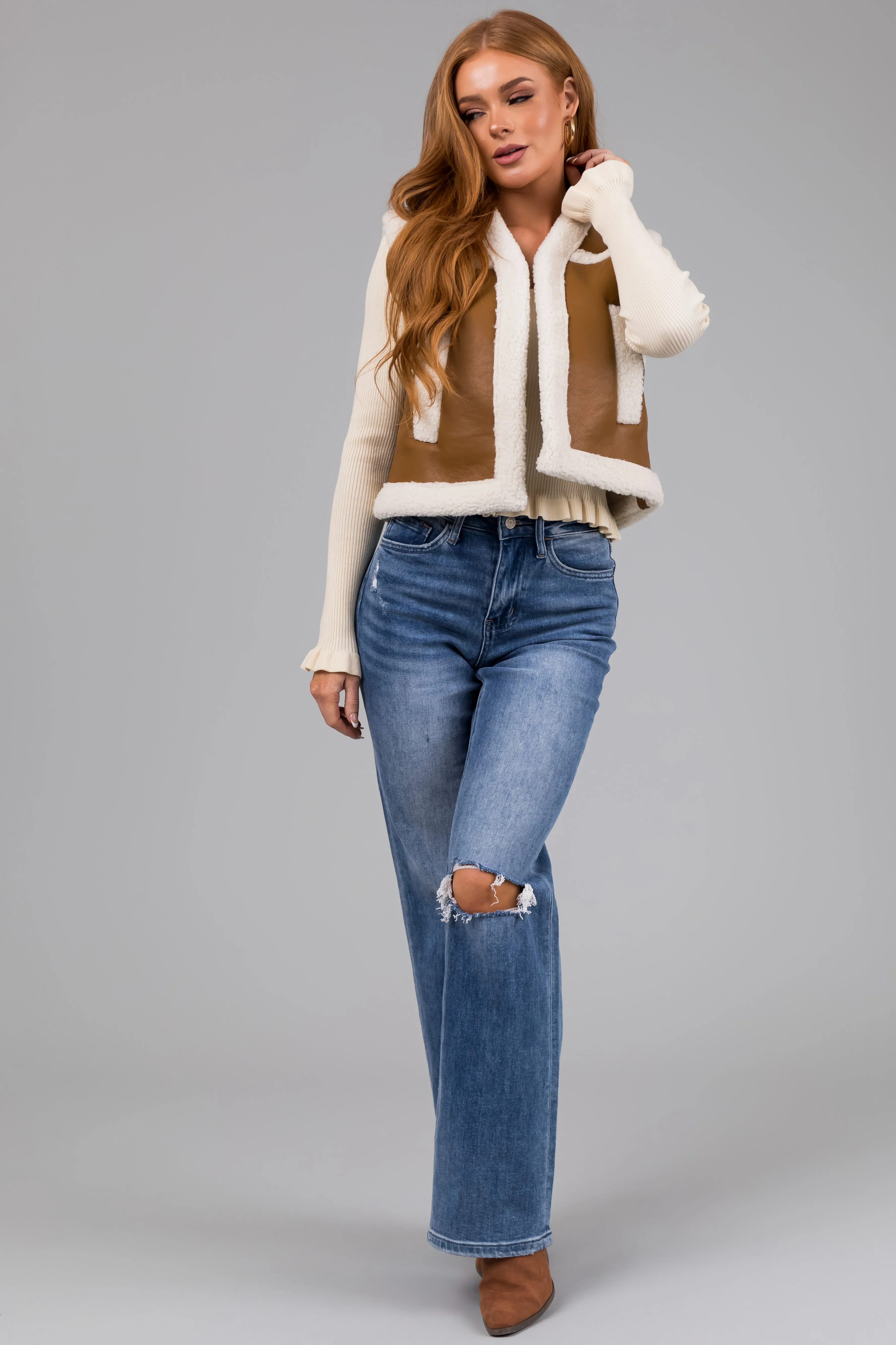 Copper and Ivory Faux Leather and Sherpa Vest sold by Lime Lush product image thumbnail 3