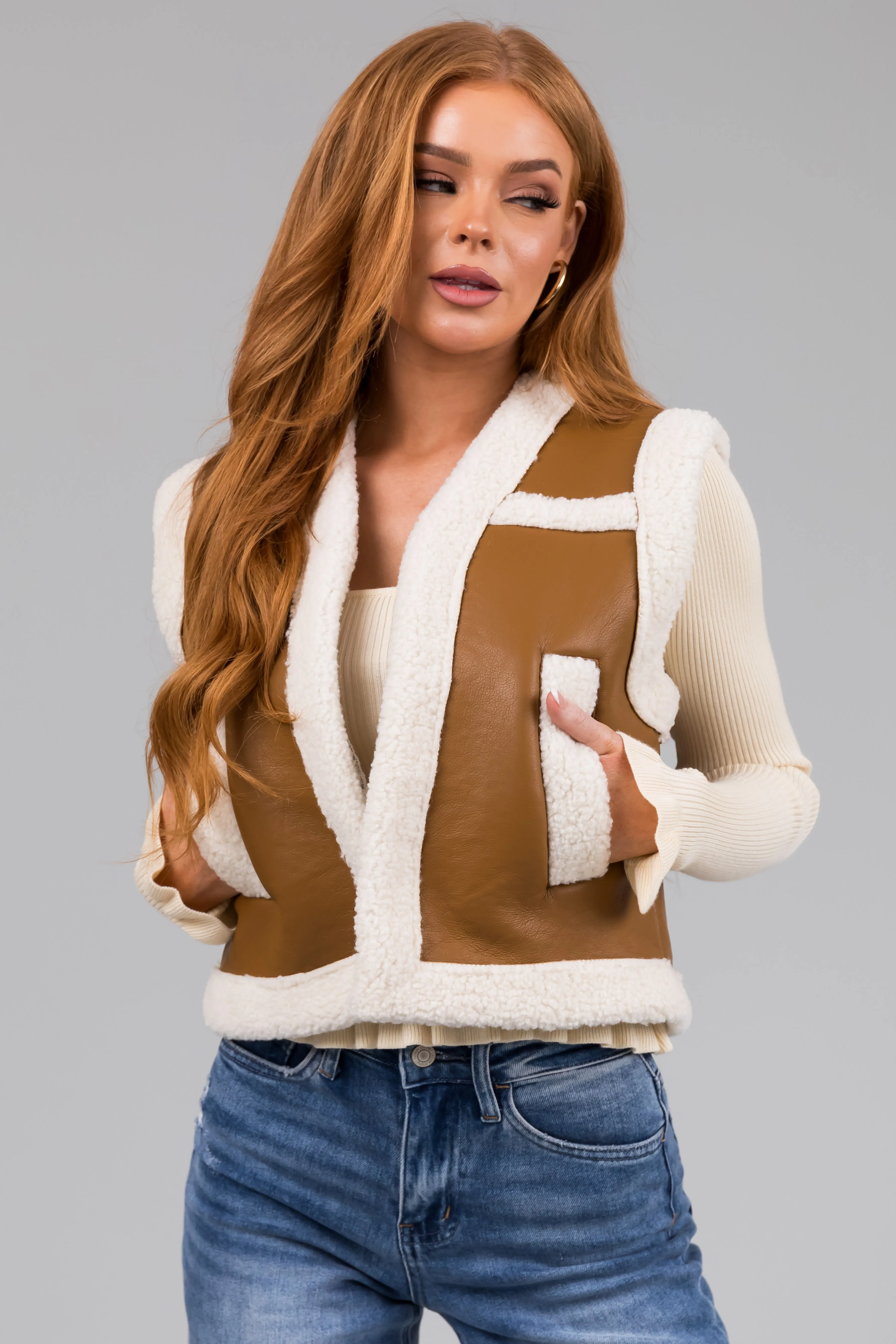 Copper and Ivory Faux Leather and Sherpa Vest sold by Lime Lush
