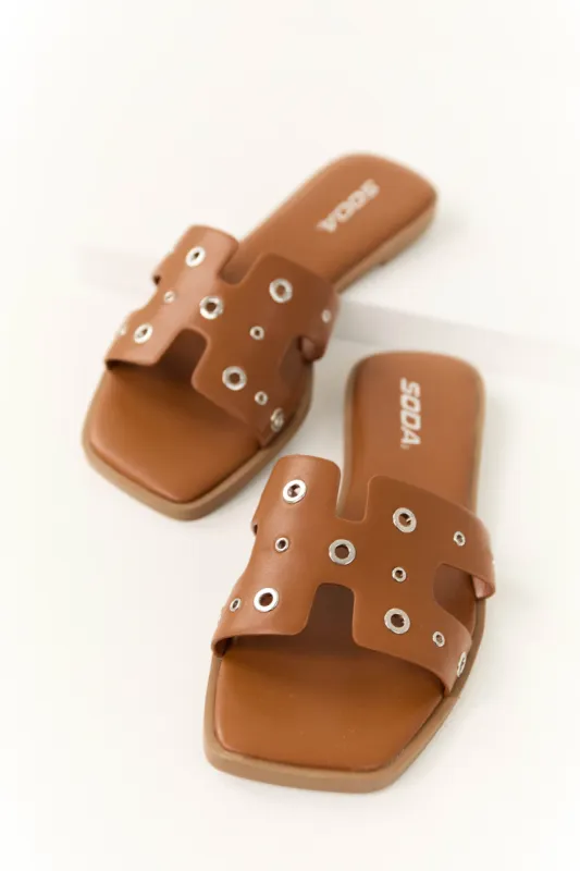 Cognac Eyelet Detail Slip On Flat Sandals sold by Lime Lush
