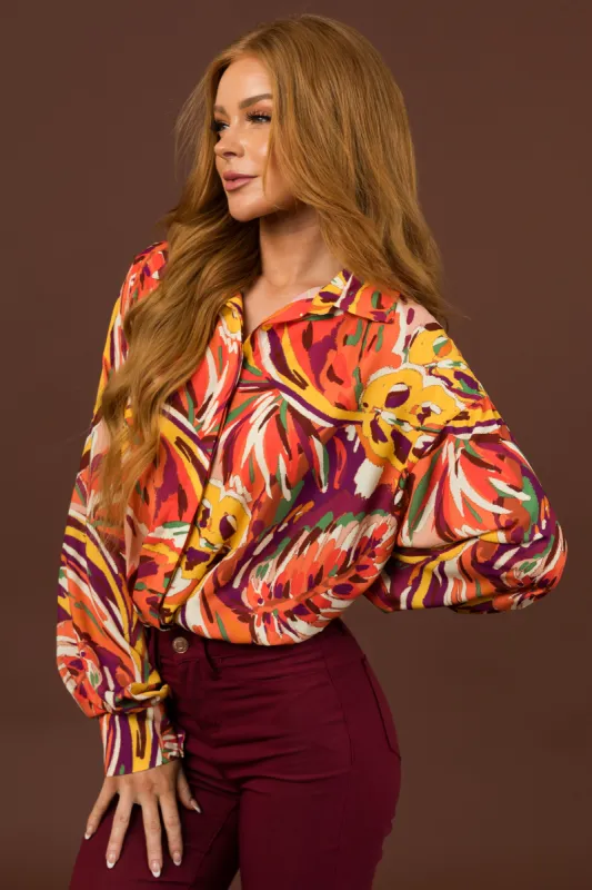 Flying Tomato Multicolor Abstract Long Sleeve Button Blouse sold by Lime Lush
