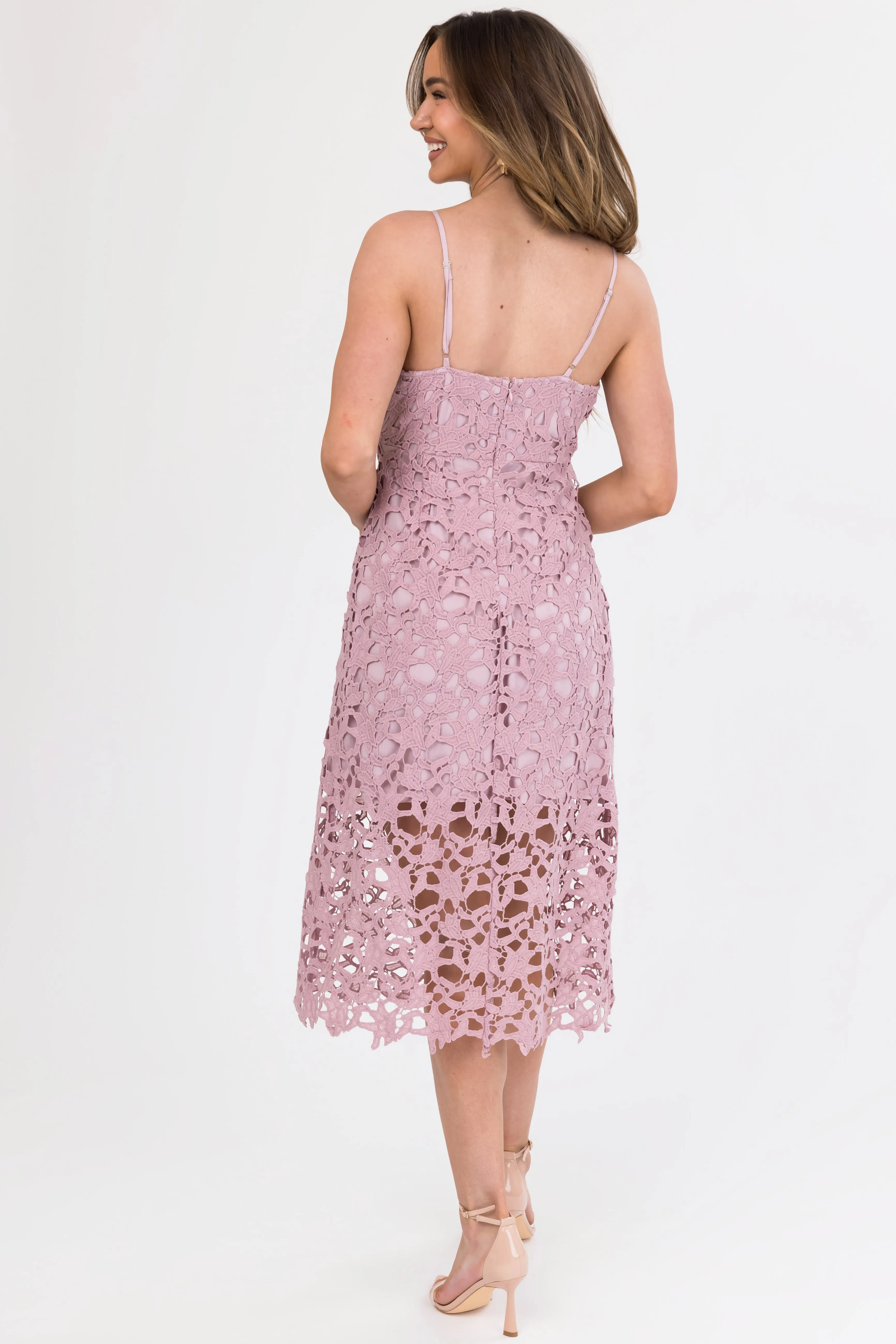 Mauve Crochet Lace Sleeveless Midi Dress sold by Lime Lush product image thumbnail 5