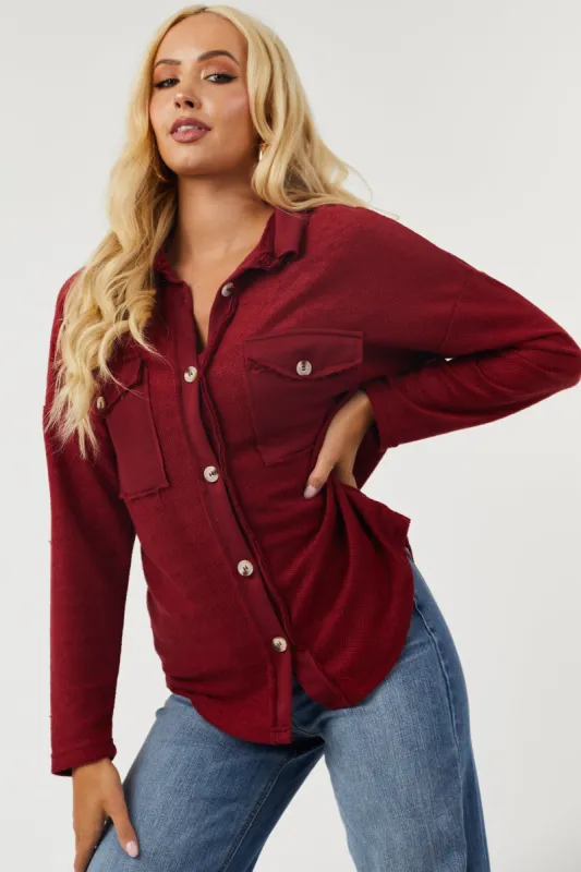 Burgundy French Terry Relaxed Shirt Jacket sold by Lime Lush
