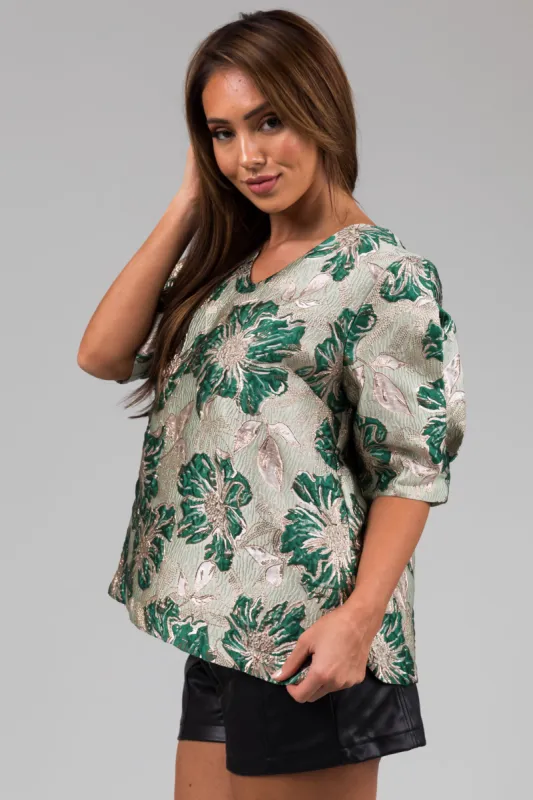 Mint Floral Print Metallic Jacquard V Neck Top sold by Lime Lush