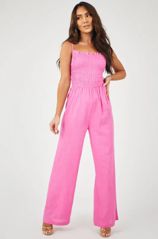 Bubblegum Pink Sleeveless Smocked Jumpsuit sold by Lime Lush