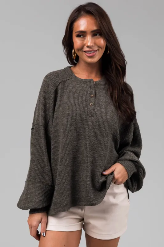 Faded Olive Bubble Sleeve Ribbed Henley Sweater sold by Lime Lush