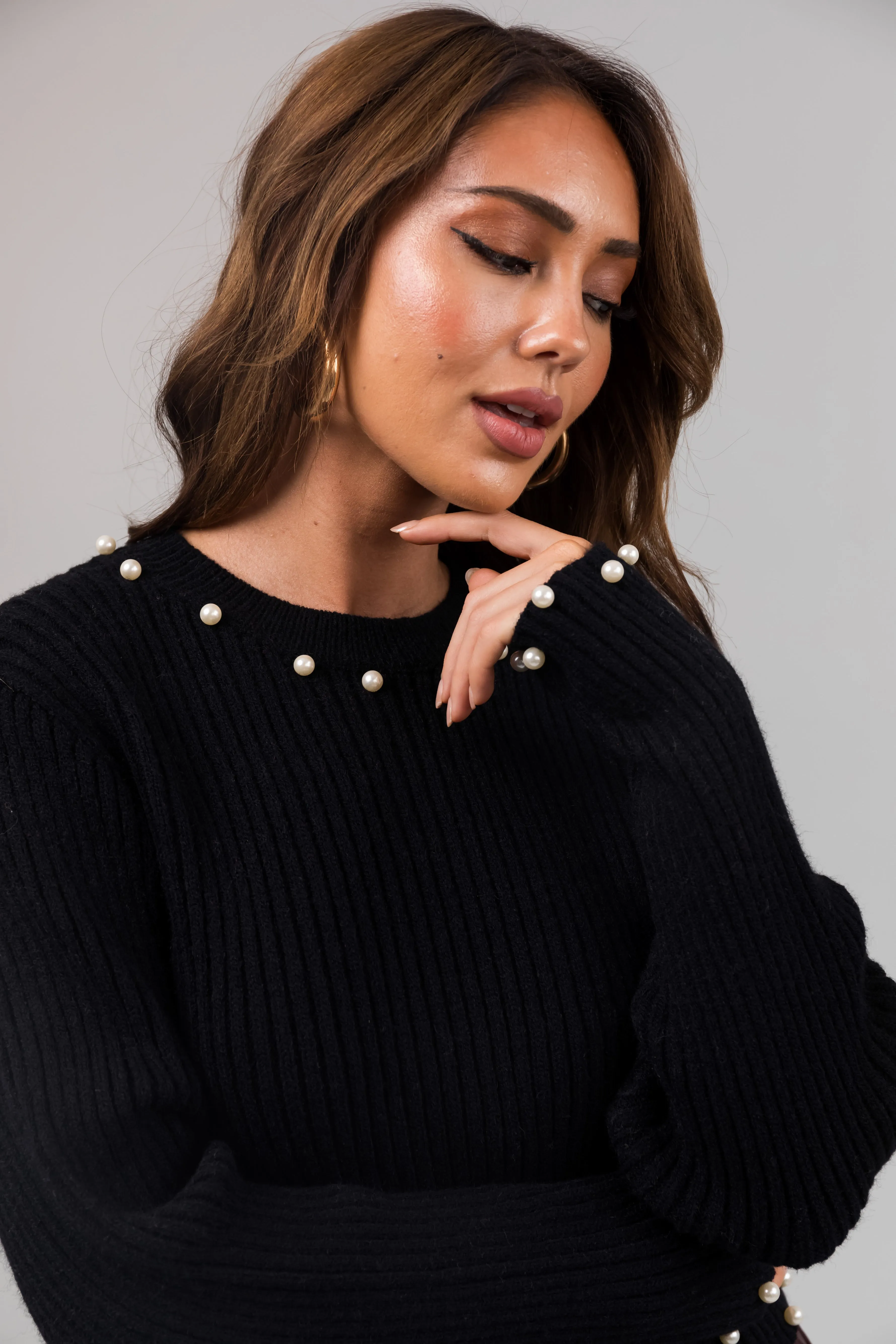 Black Pearl Trim Ribbed Knit Sweater sold by Lime Lush product image thumbnail 5