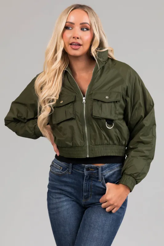Dark Olive Chest Pockets Zip Up Bomber Jacket sold by Lime Lush