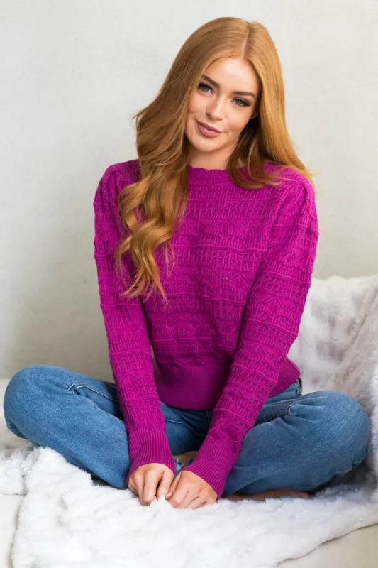 Deep Fuchsia Pointelle Knit Long Sleeve Sweater sold by Lime Lush