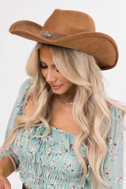 Cognac Suede Western Style Curved Brim Hat sold by Lime Lush