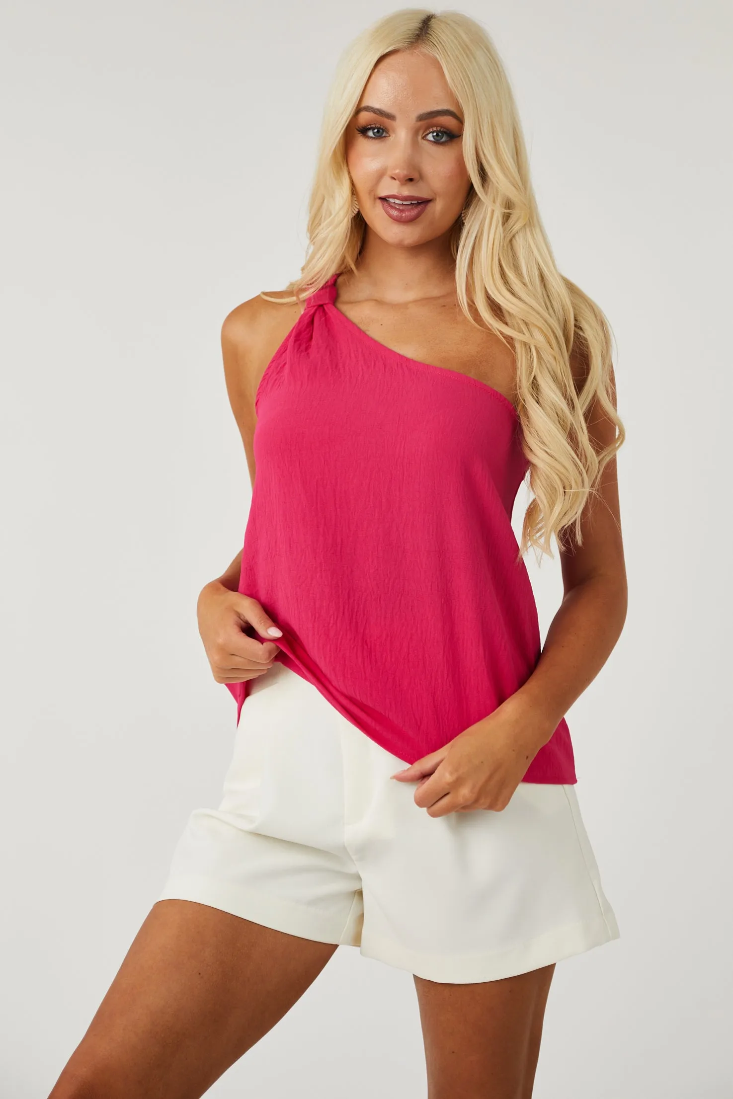 Hot Pink One Shoulder Knot Detail Woven Top sold by Lime Lush product image thumbnail 2