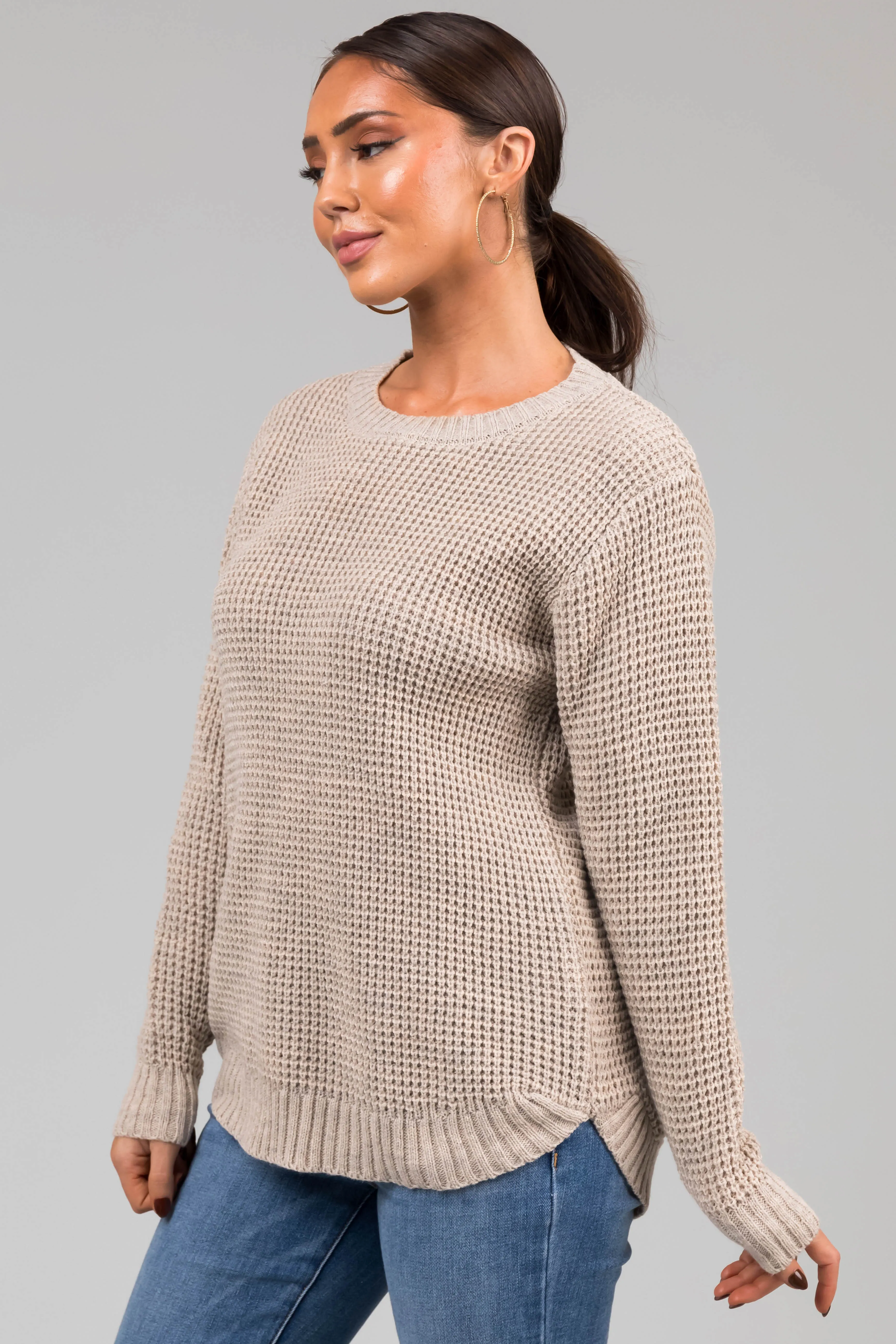 Oatmeal Thick Waffle Knit Curved Hem Sweater sold by Lime Lush product image thumbnail 5