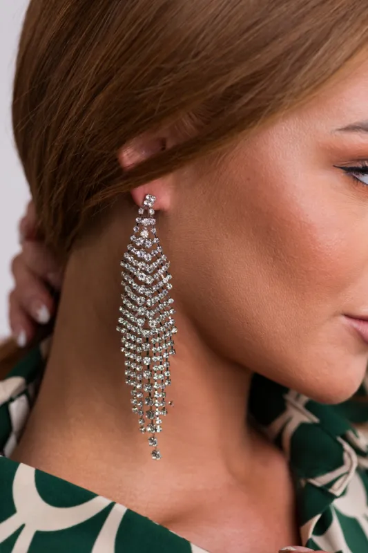 Silver Rhinestone Chandelier Fringe Earrings sold by Lime Lush