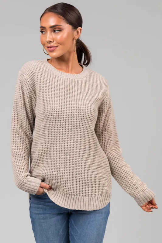 Oatmeal Thick Waffle Knit Curved Hem Sweater sold by Lime Lush