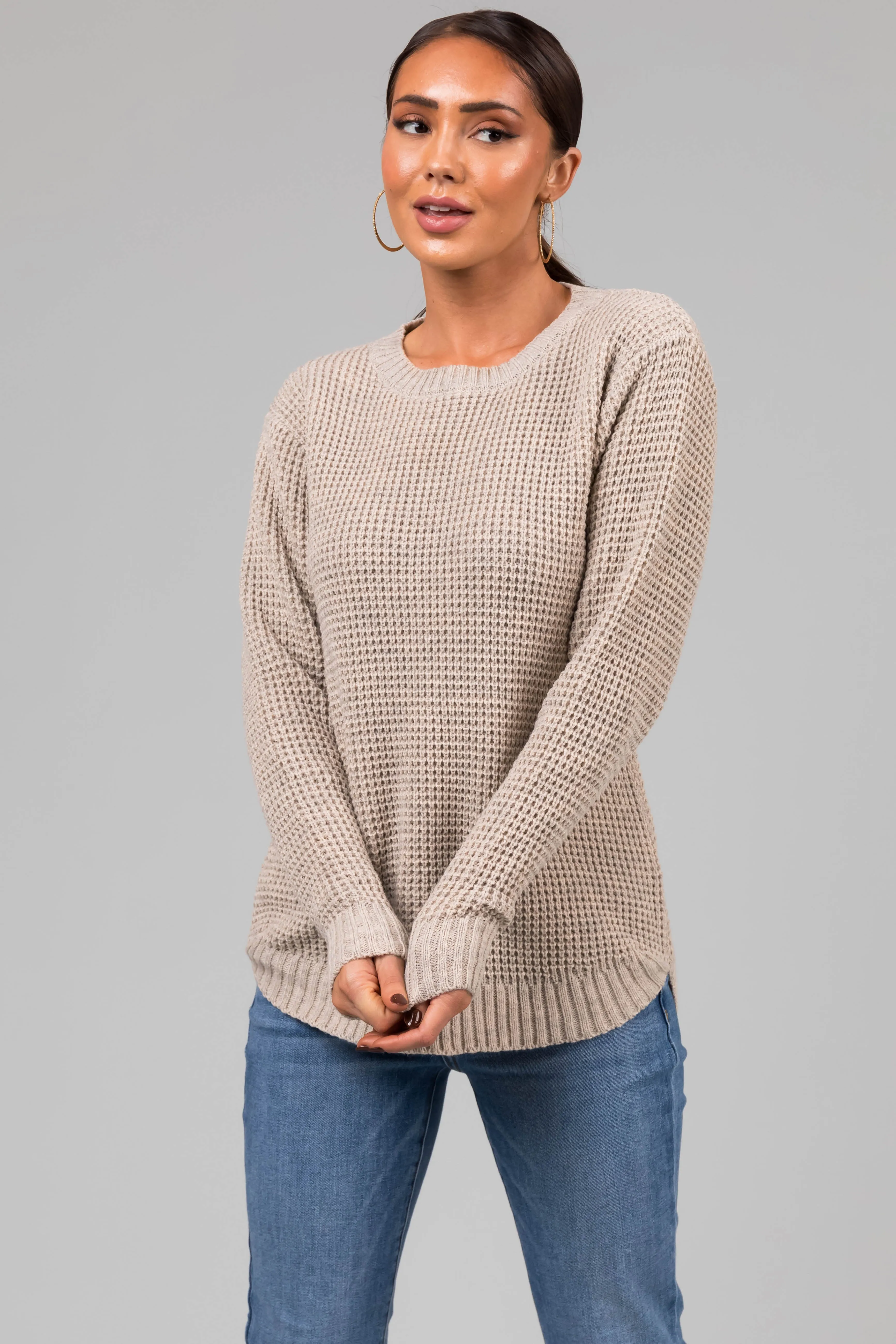 Oatmeal Thick Waffle Knit Curved Hem Sweater sold by Lime Lush product image thumbnail 2
