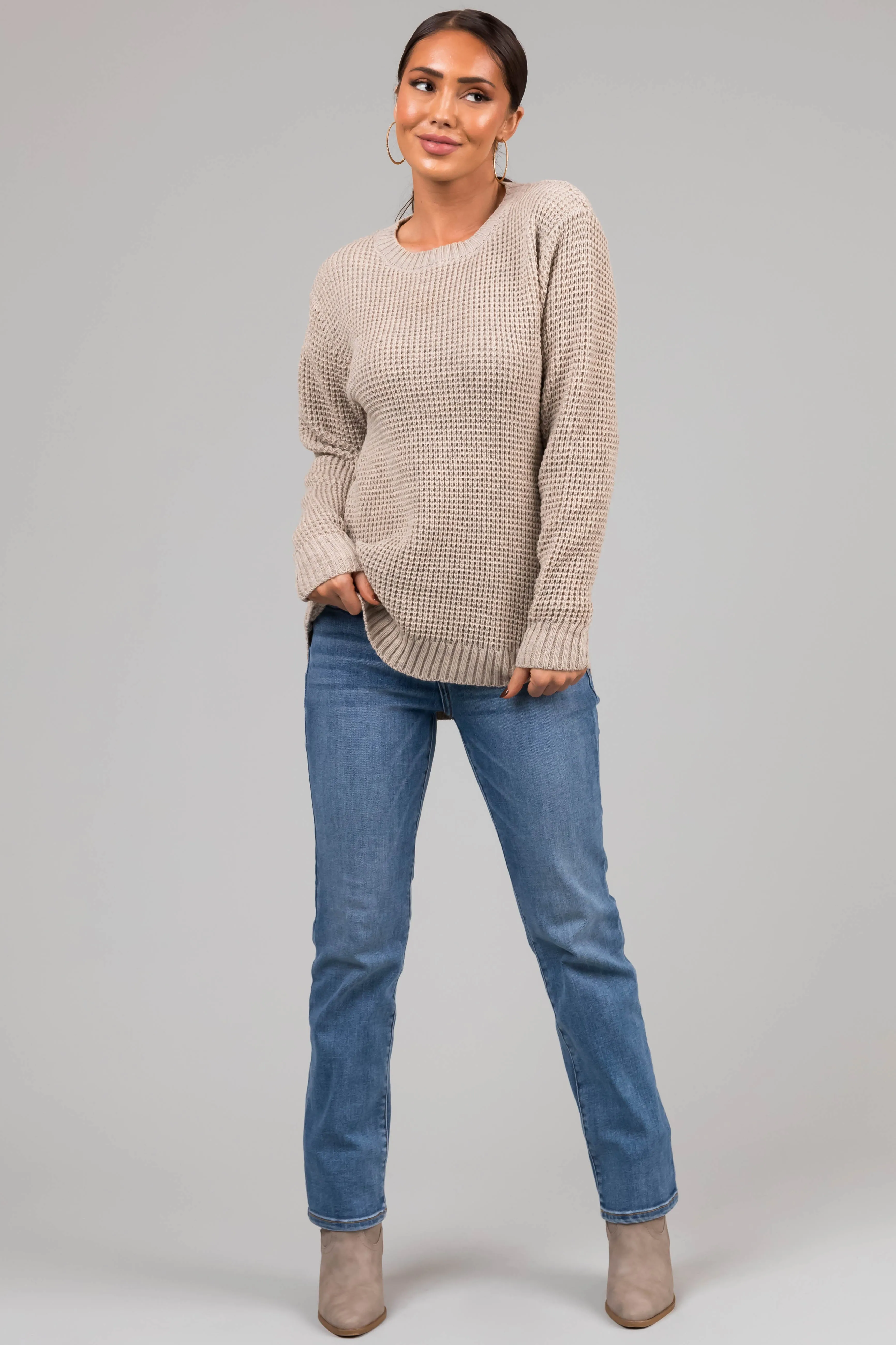 Oatmeal Thick Waffle Knit Curved Hem Sweater sold by Lime Lush product image thumbnail 4