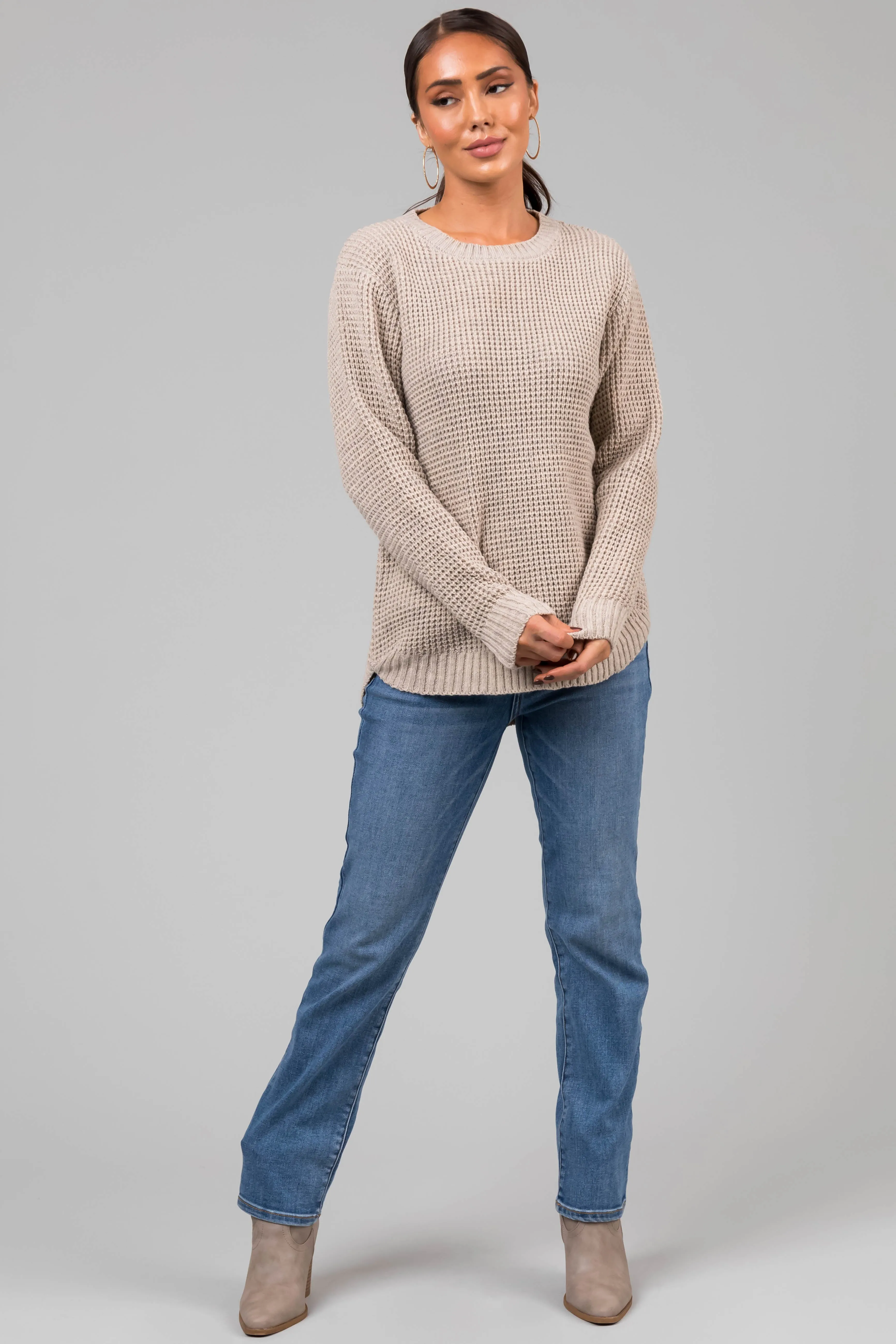 Oatmeal Thick Waffle Knit Curved Hem Sweater sold by Lime Lush product image thumbnail 3