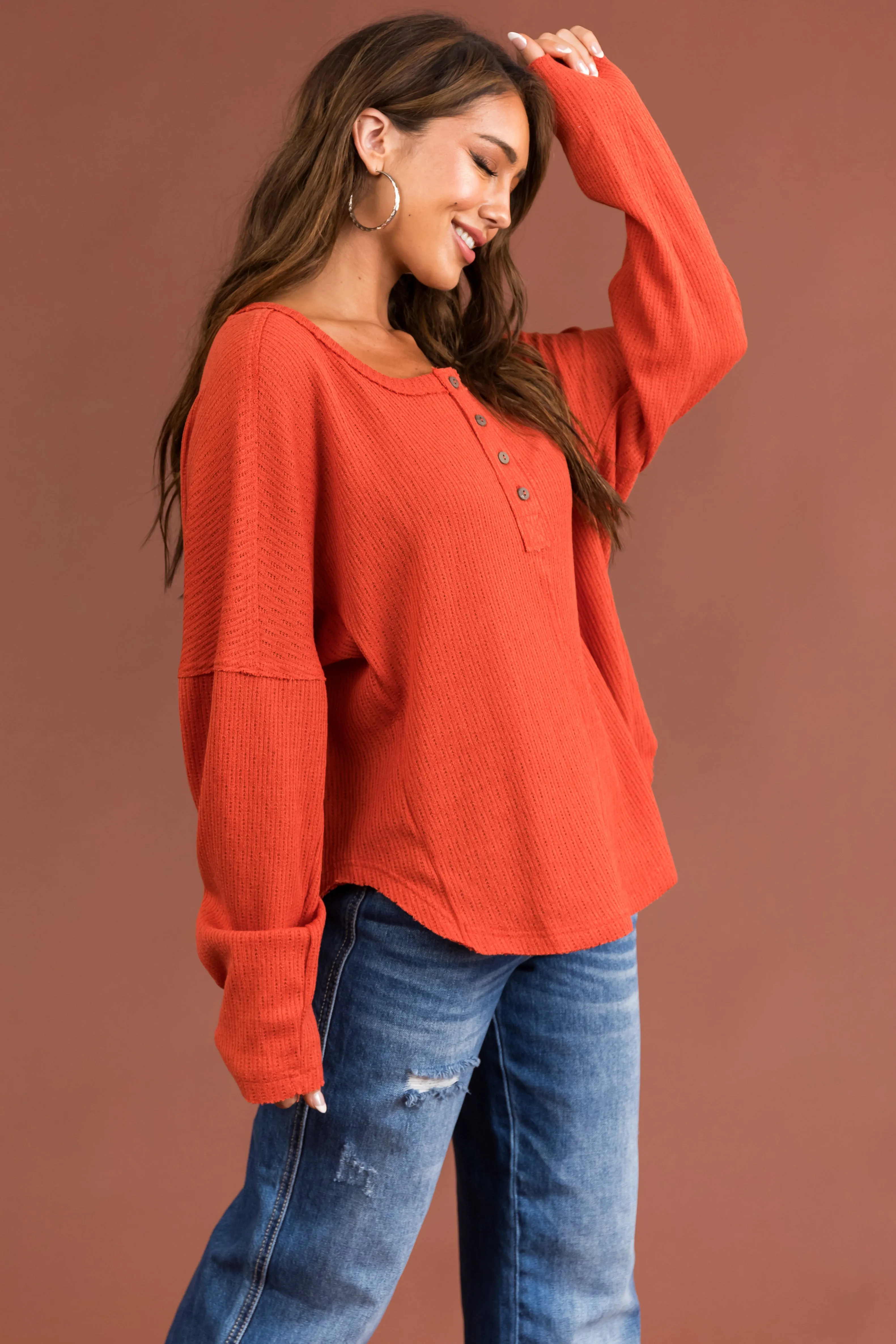 Rust Textured Knit Long Sleeve Henley Top sold by Lime Lush product image thumbnail 4