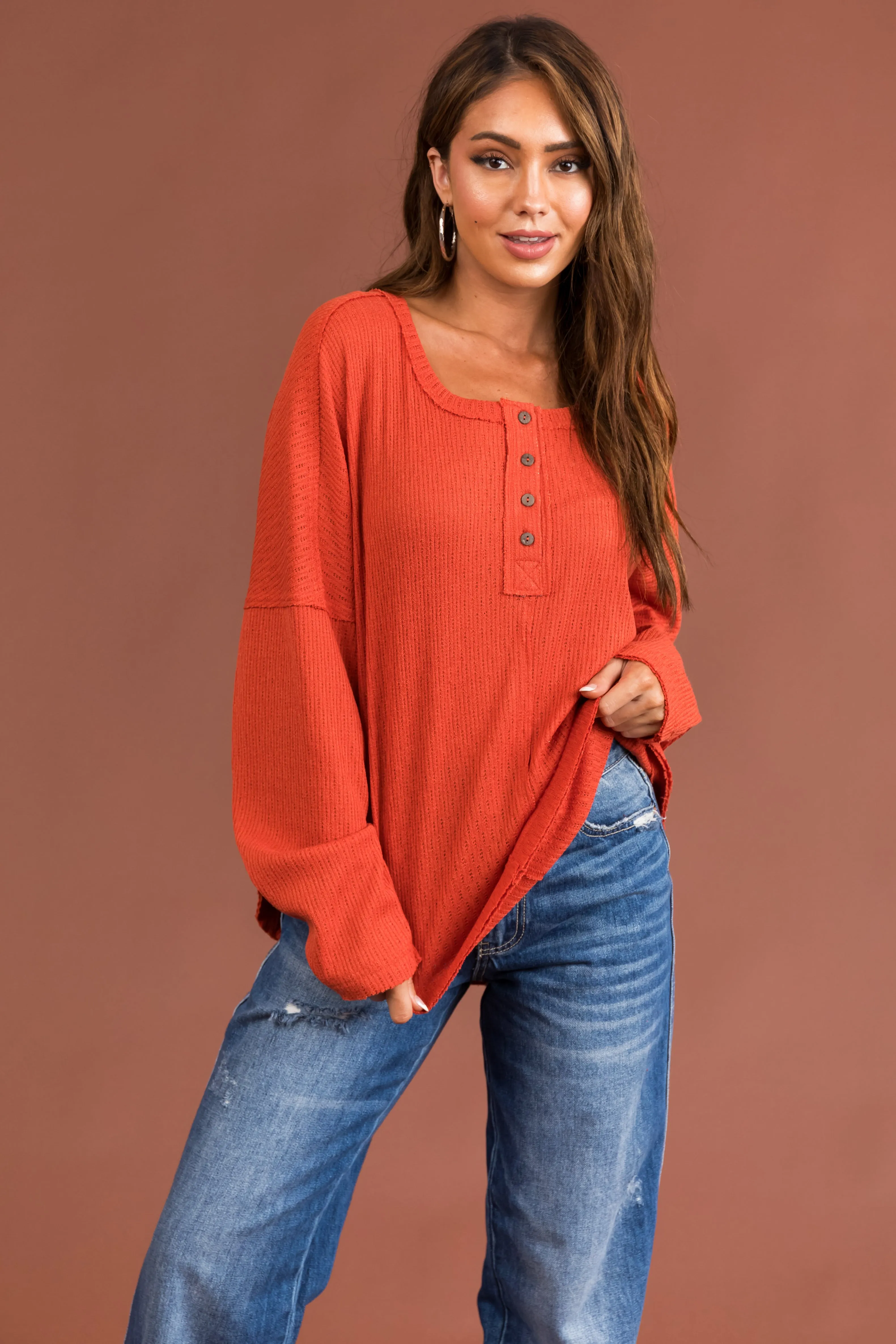 Rust Textured Knit Long Sleeve Henley Top sold by Lime Lush product image thumbnail 2