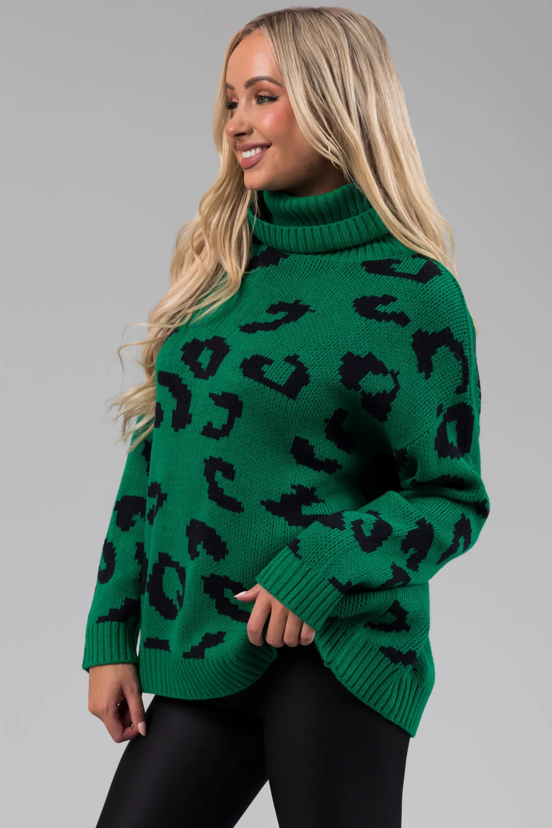 She+Sky Kelly Green Leopard Turtleneck Sweater sold by Lime Lush product image thumbnail 4