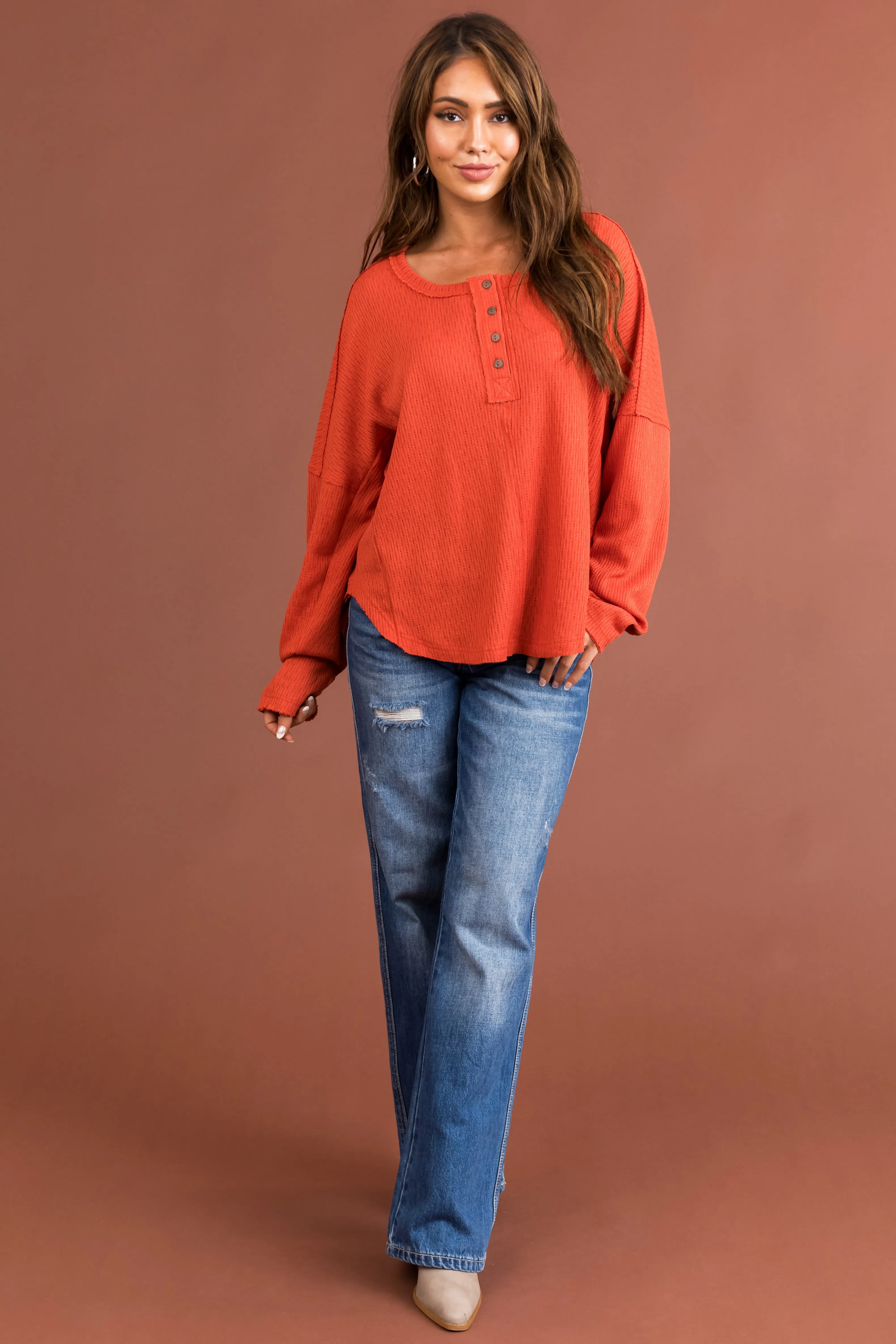 Rust Textured Knit Long Sleeve Henley Top sold by Lime Lush product image thumbnail 3