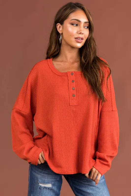 Rust Textured Knit Long Sleeve Henley Top sold by Lime Lush