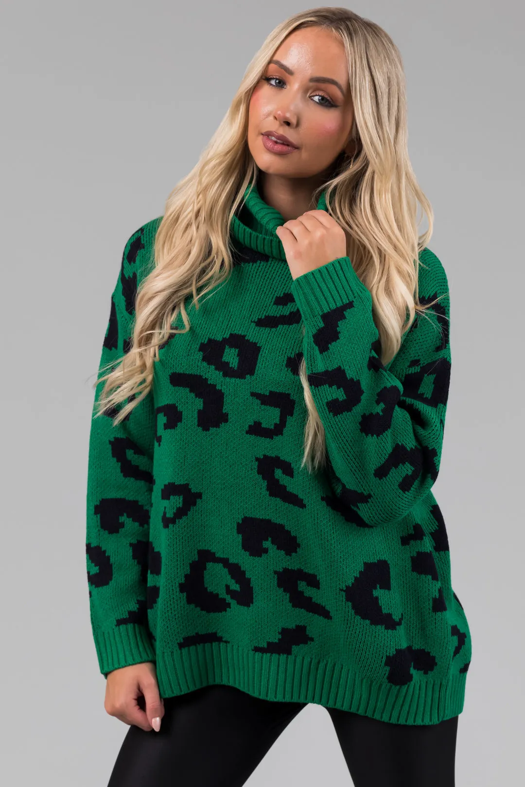She+Sky Kelly Green Leopard Turtleneck Sweater sold by Lime Lush