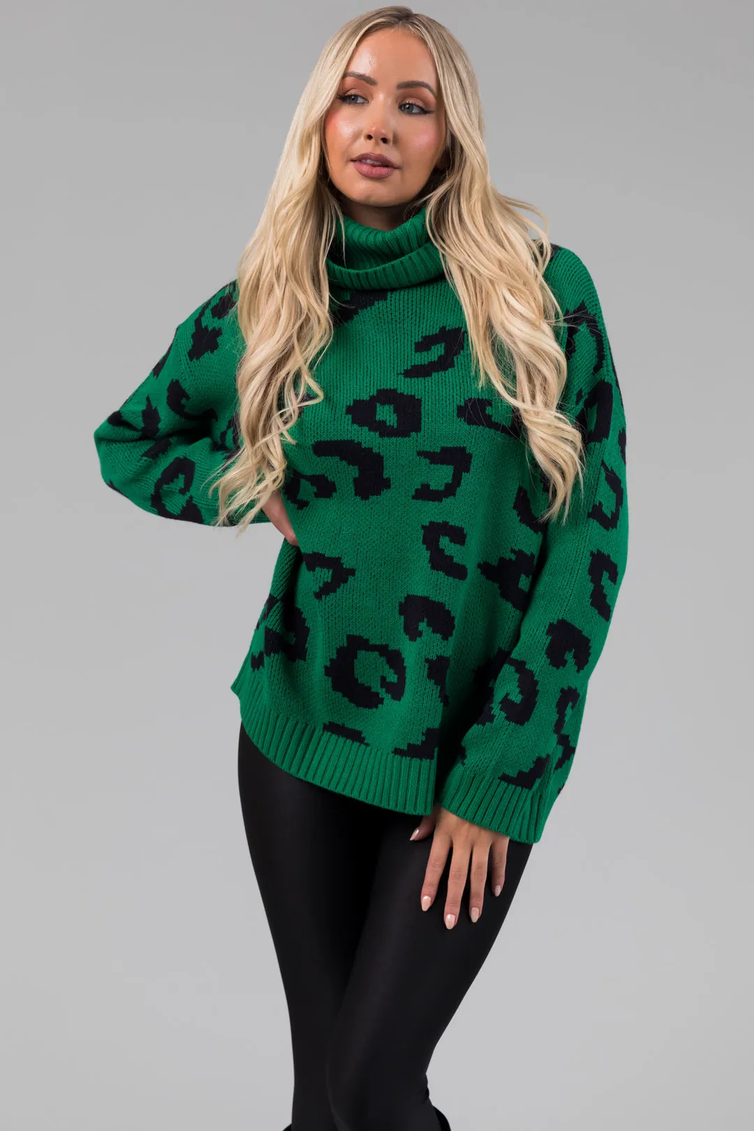 She+Sky Kelly Green Leopard Turtleneck Sweater sold by Lime Lush product image thumbnail 2
