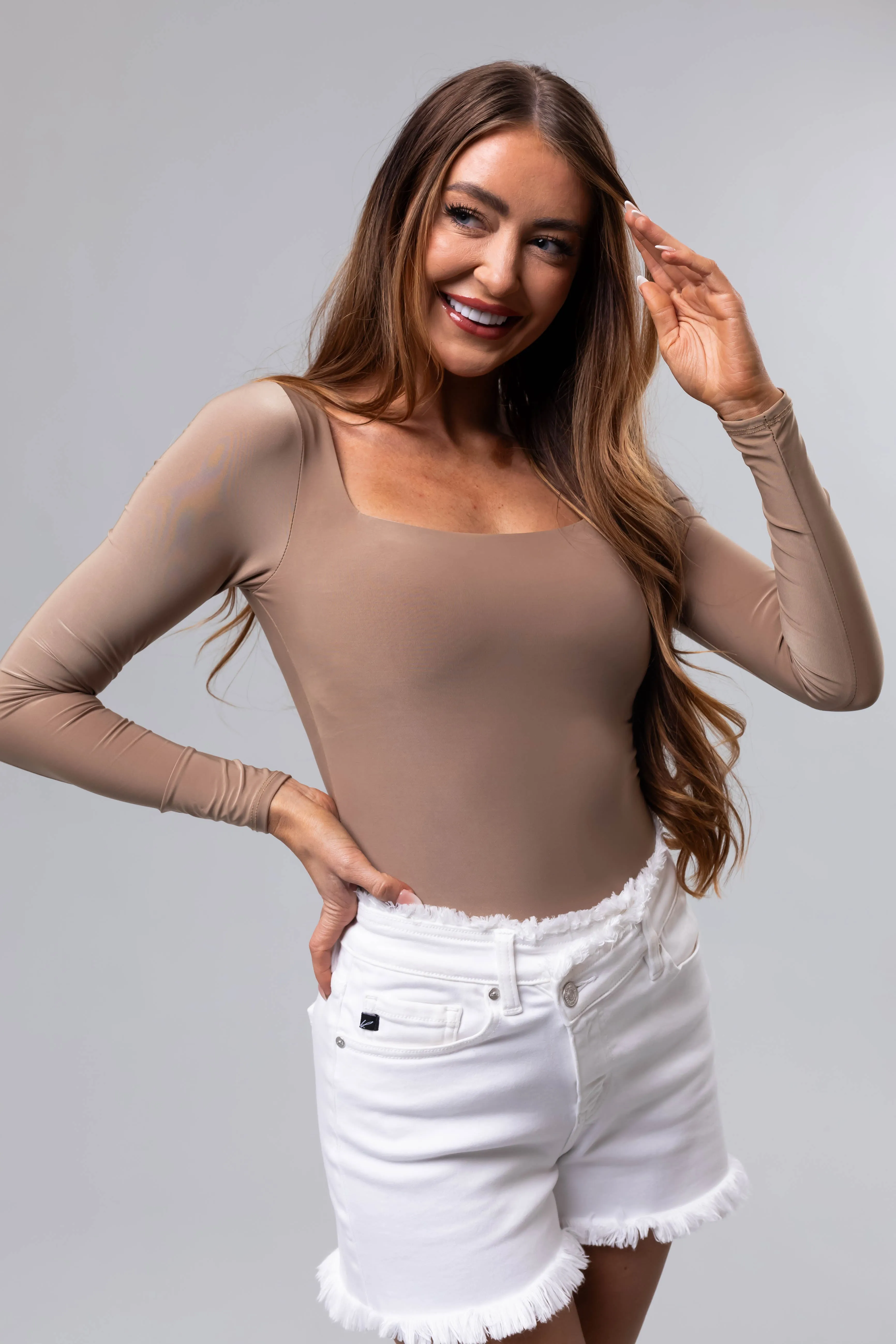 Khaki Square Neck Long Sleeve Solid Bodysuit sold by Lime Lush product image thumbnail 4