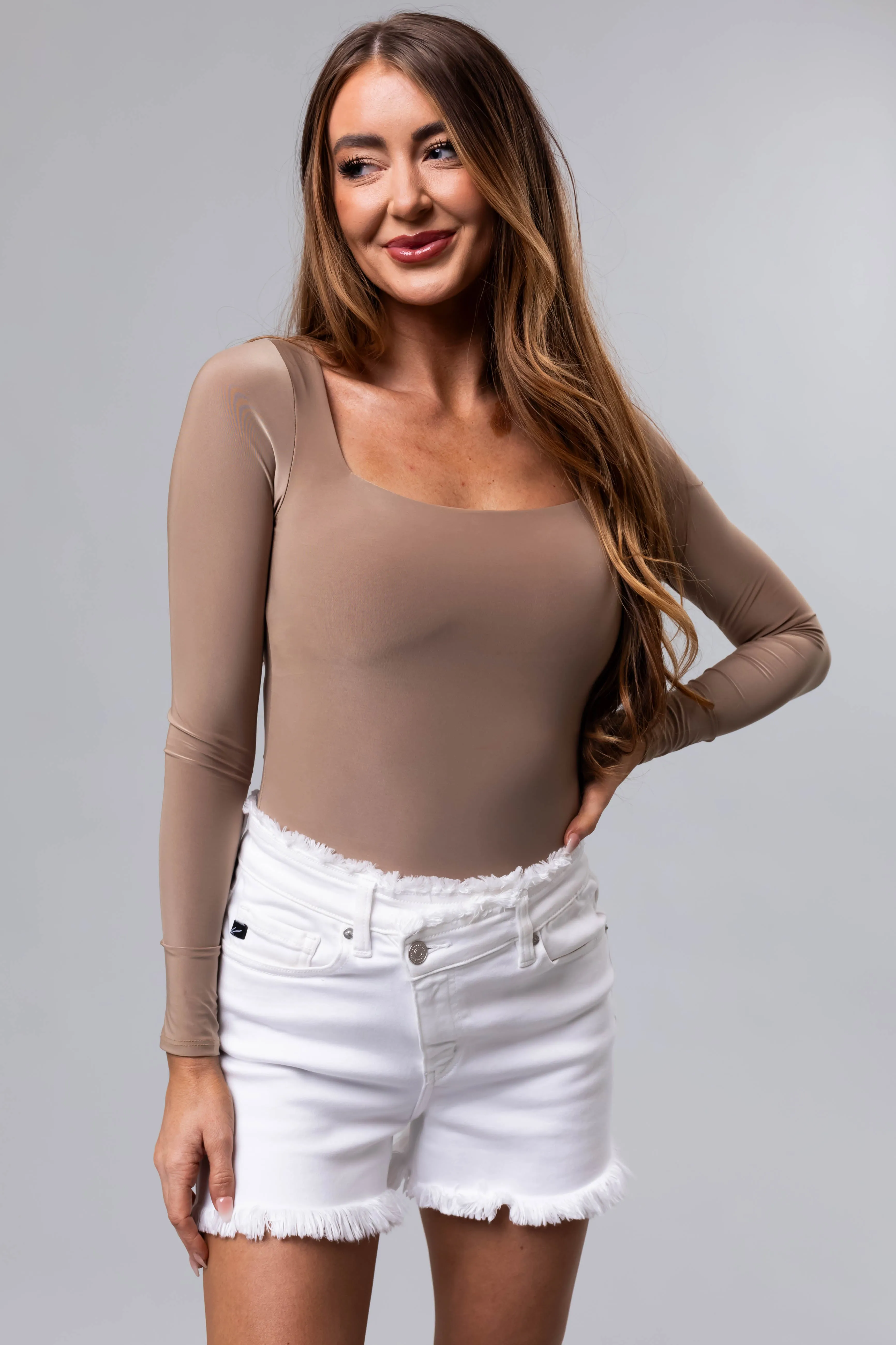 Khaki Square Neck Long Sleeve Solid Bodysuit sold by Lime Lush product image thumbnail 2