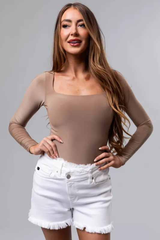 Khaki Square Neck Long Sleeve Solid Bodysuit sold by Lime Lush