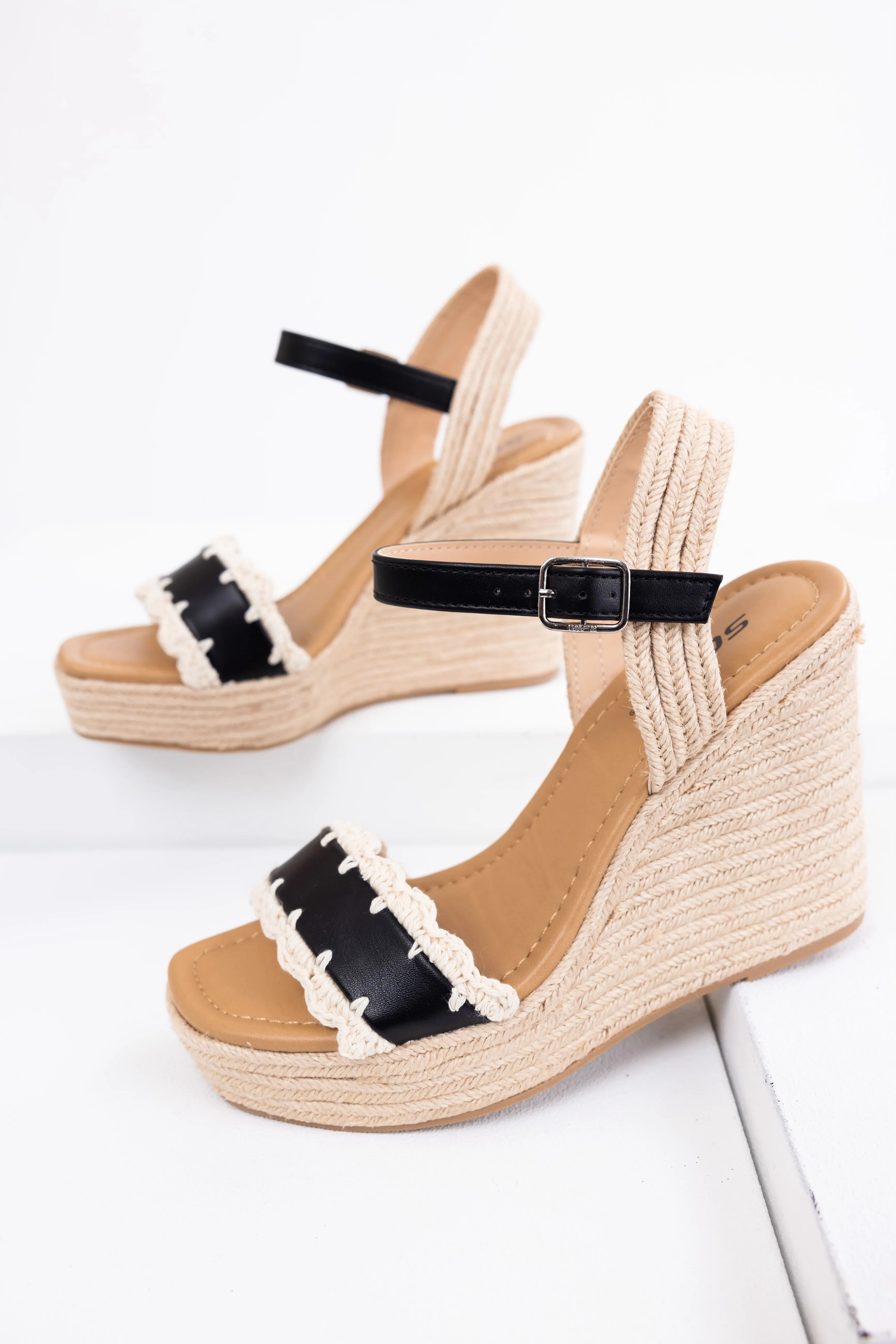 Black Crochet Trim Strap Espadrille Wedges sold by Lime Lush