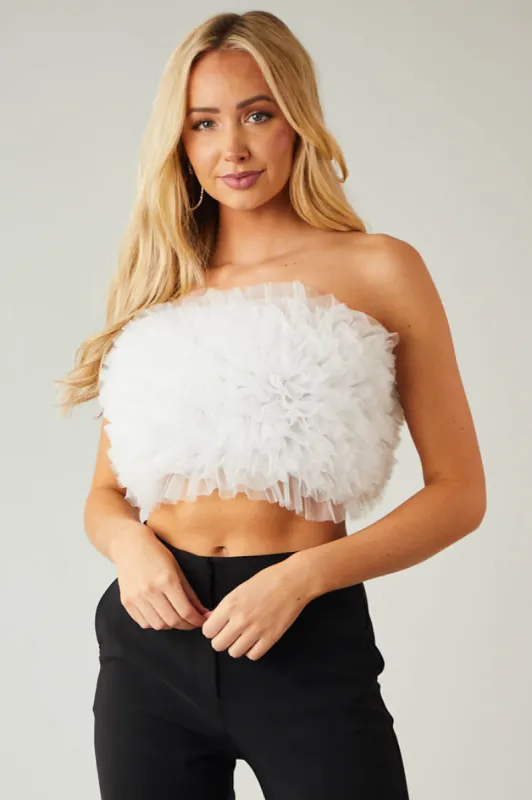 White Ruffled Tulle Strapless Cropped Top sold by Lime Lush