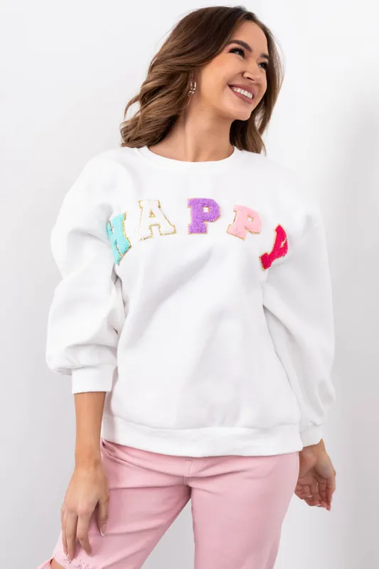 She+Sky Off White 'Happy' Sherpa Patch Sweatshirt sold by Lime Lush